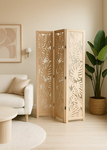 Paravent bois sculpté 3 volets, Palmier Naturel