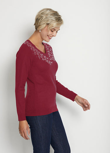 Pull col V strassé manches longues Bordeaux