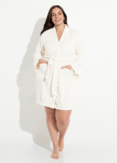 Robe de chambre polaire bord dentelle Ecru