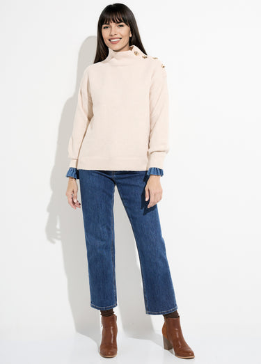Pull col montant boutons bijou métal Beige