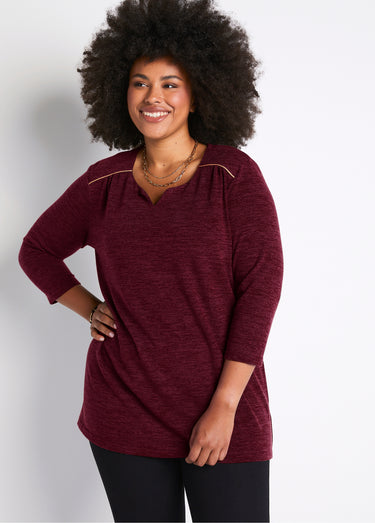 T-shirt long évasé manches 3/4 col rond Uni Grenat