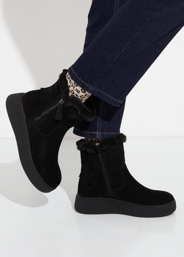 Boots en cuir fourrées, semelle épaisse Noir
