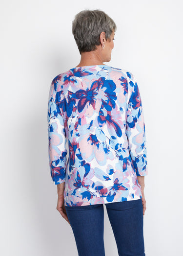 Pull manches 3/4 imprimé floral Bleu/Rose