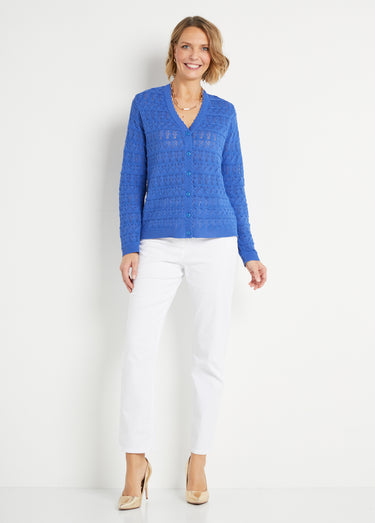 Gilet ajouré col V boutonné coton mélangé Bleu