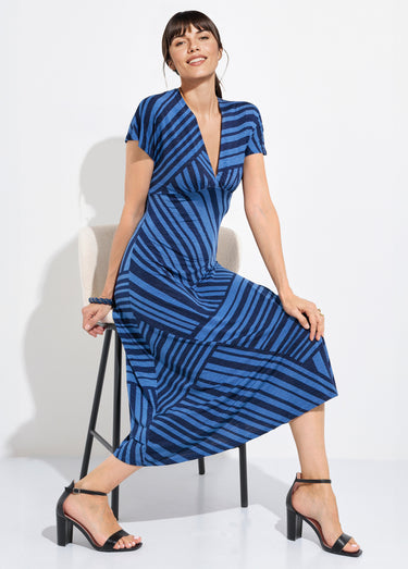 Robe longue manches col V rayures Bleu
