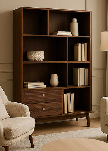 Bibliothèque en bois foncé rainuré Marron