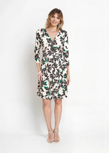 Robe fleurie boutonnée col V et manches 3/4 Beige/Noir