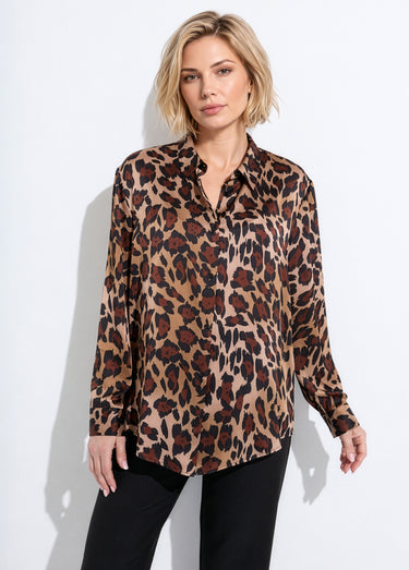 Chemisier boutonné satin manches longues Imprime Marron