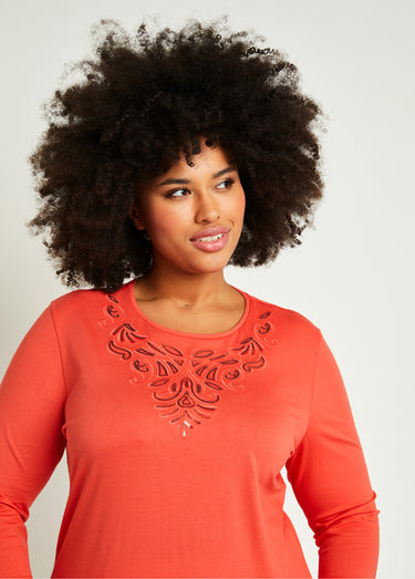 T-shirt court brodé manches 3/4 Orange