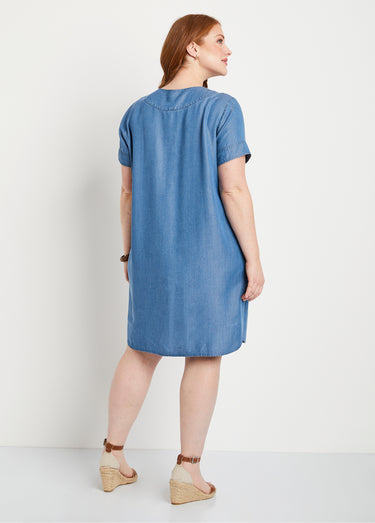 Robe courte droite tissu lyocell Bleu