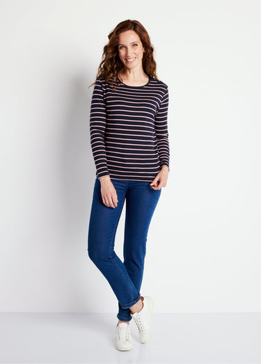 T-shirt marinière court coton manches longues Marine/Rose