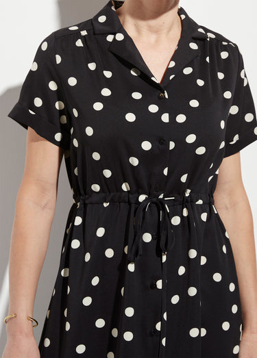 Robe chemisier à pois longue à ceinturer Noir / Pois