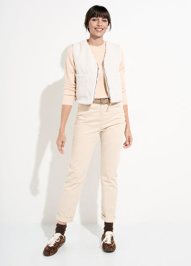 Veste zippée col V sans manches velours Ecru