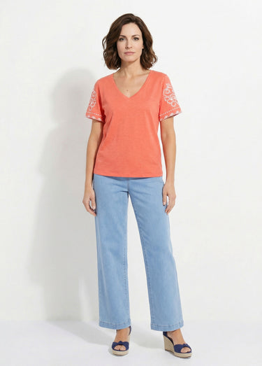 T-shirt col V brodé manches courtes Orange/Blanc