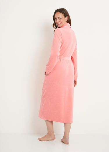 Peignoir long croisé velours uni col châle Rose