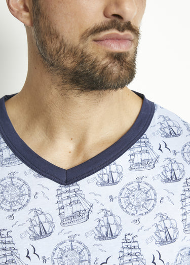Pyjama short col V jersey coton Bleu Marine