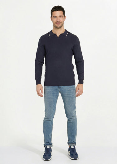 Pull maille texturée fine jauge col polo Marine