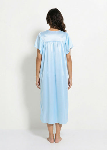 Chemise de nuit satinée longue antistatique dentelle Turquoise