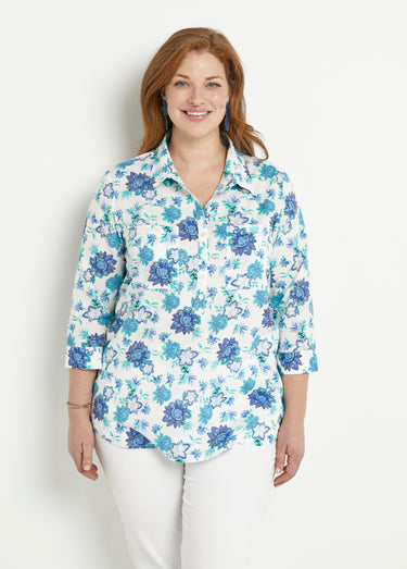 Chemisier boutonné long coton imprimé fleurs Imprime/Bleu