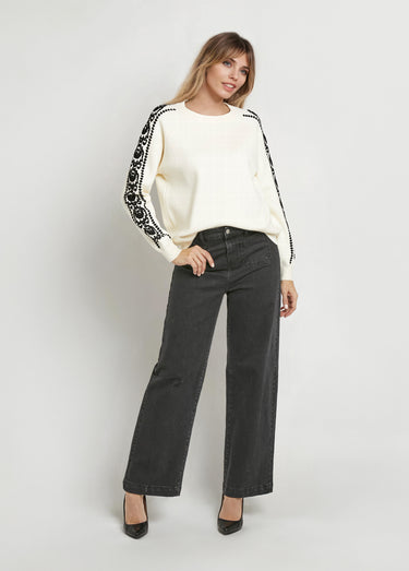 Pull maille épaisse broderies manches Ecru