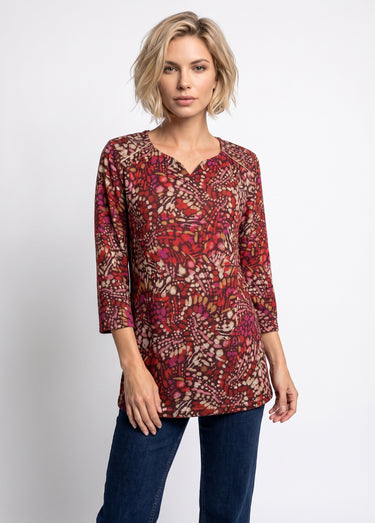 T-shirt long évasé manches 3/4 imprimé tachiste Bordeaux/Rose