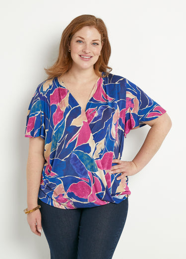 T-shirt cache-coeur long blousant motif floral Bleu/Rose