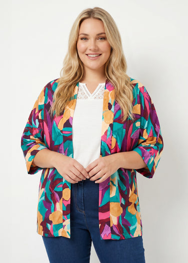 Veste longue ample motif floral Violet/Bleu