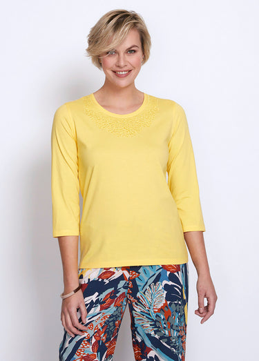 T-shirt manches 3/4 col brodé clouté Jaune