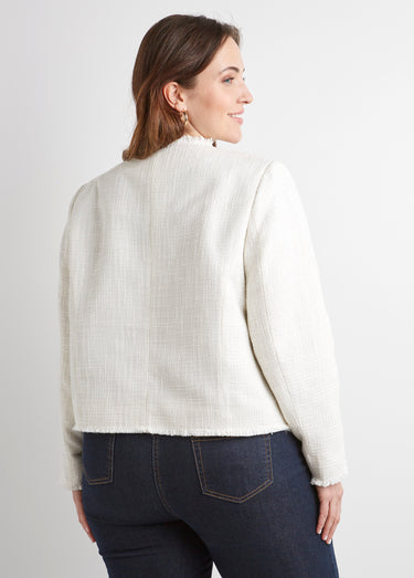 Veste sans col boutonnée courte tissu natté uni Ecru