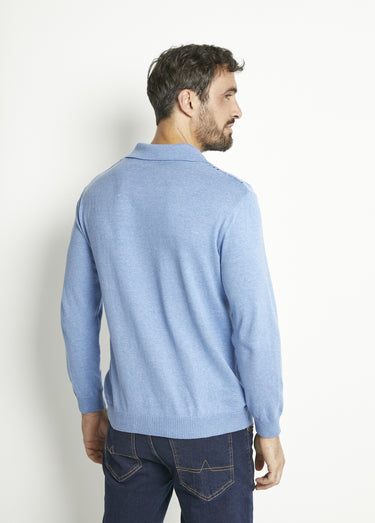 Pull col polo zippé manches longues coton jacquard Bleu