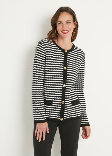 Gilet boutonné rayé chic avec col rond Noir/Ecru