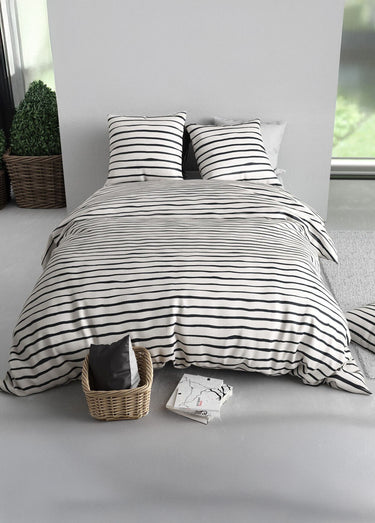 Parure de lit polycoton 2 pers, rayures Blanc / Noir