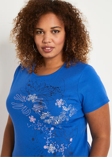 T-shirt long motif fleuri fentes côtés Bleu