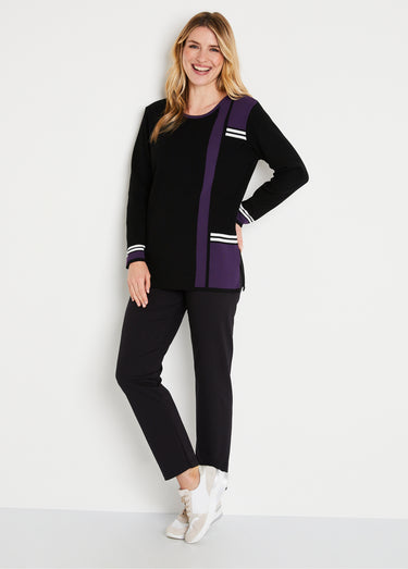 Pull-tunique long jacquard graphique color block Noir/Prune