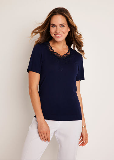 Pull fin brodé manches courtes Marine