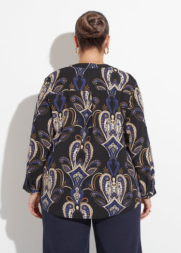 Blouse col V boutonné imprimé acanthes Bleu