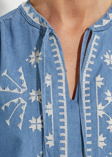 Blouse chambray broderies point de croix Bleu Stone