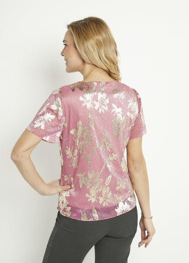 T-shirt court imprimé feuillage doré Rose