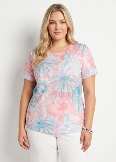 T-shirt court motif et strass col rond Aqua/Rose
