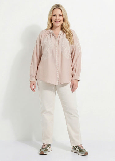 Blouse avec broderies et petit col V Beige/Ecru