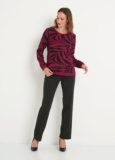 Pull doux jacquard zèbre col rond Cassis/Noir