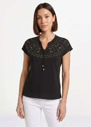 T-shirt court uni clouté maille flammée Noir