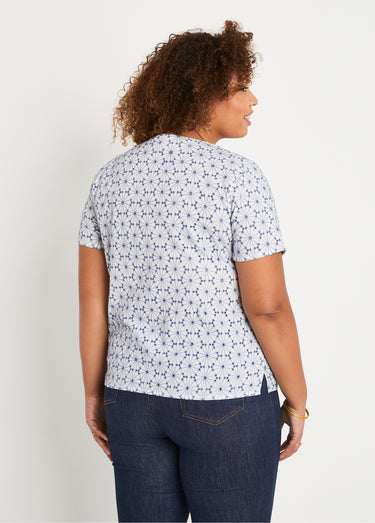 Chemisier long col V brodé Blanc/Bleu