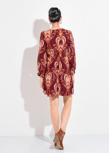 Robe courte col V imprimé cachemire Bordeaux