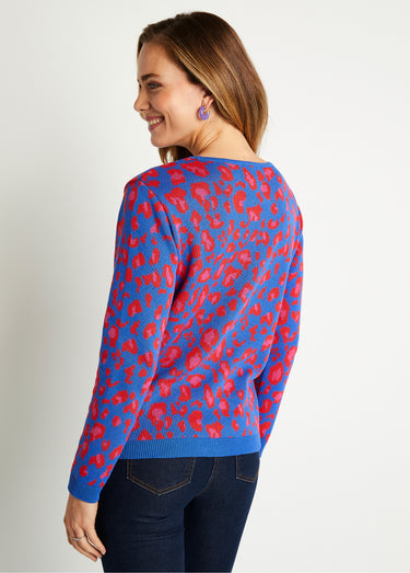 Pull motif léopard col rond Bleu