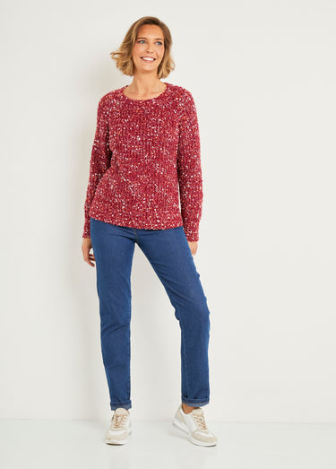 Pull chaud col rond maille fantaisie perlée Framboise