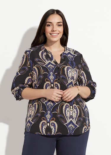 Blouse col V boutonné imprimé acanthes Bleu