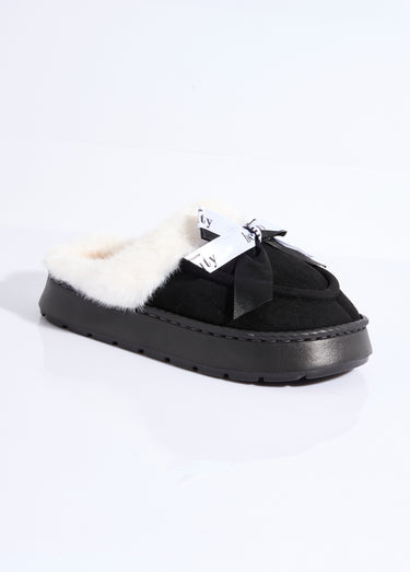 Mules fourrées compensées type mocassins Noir