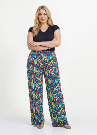 Pantalon fluide taille élastiquée maille Marine/Vert