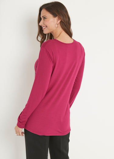 T-shirt uni droit court avec strass col rond Cassis
